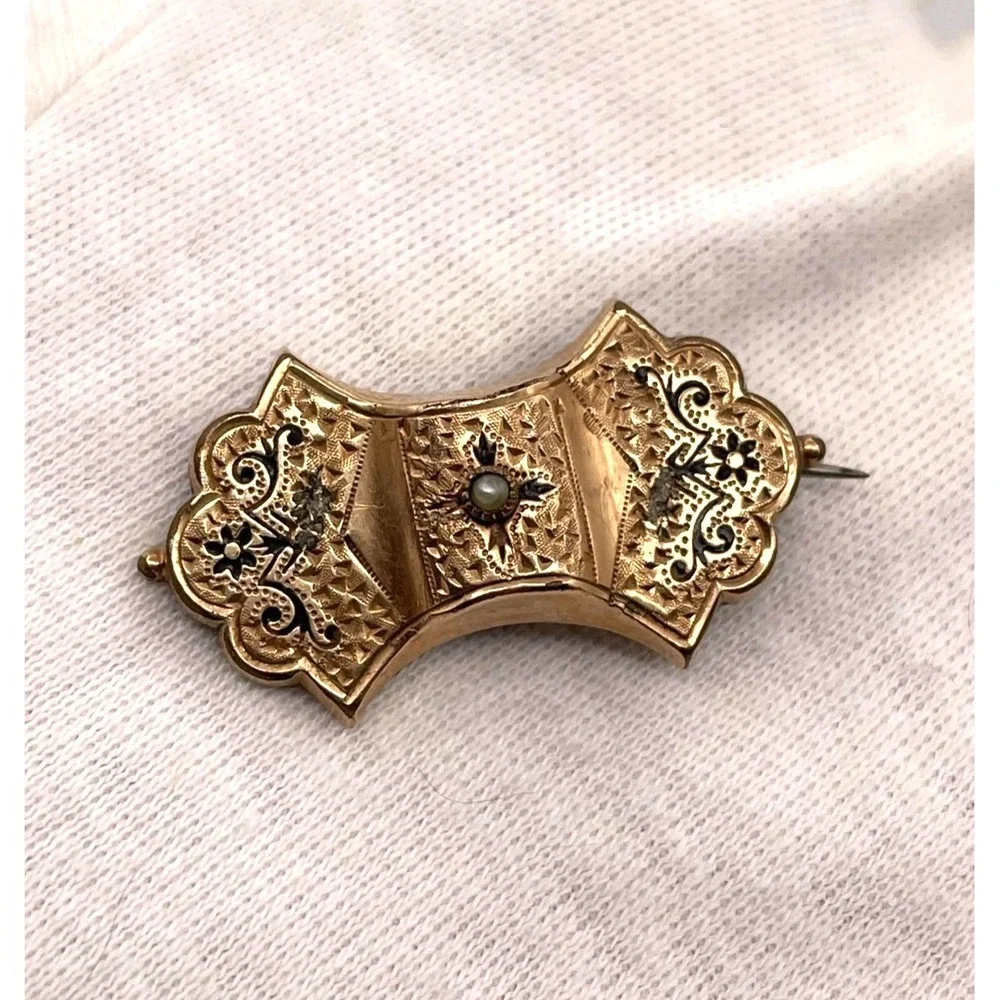 Antique Victorian Gold Filled Black Enamel Seed Pearl Watch Pin Brooch